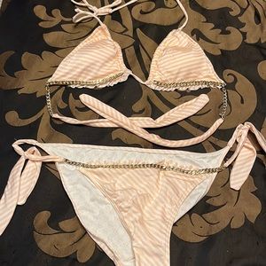 Victoria’s Secret light pink and white striped bikini with gold chain trim
